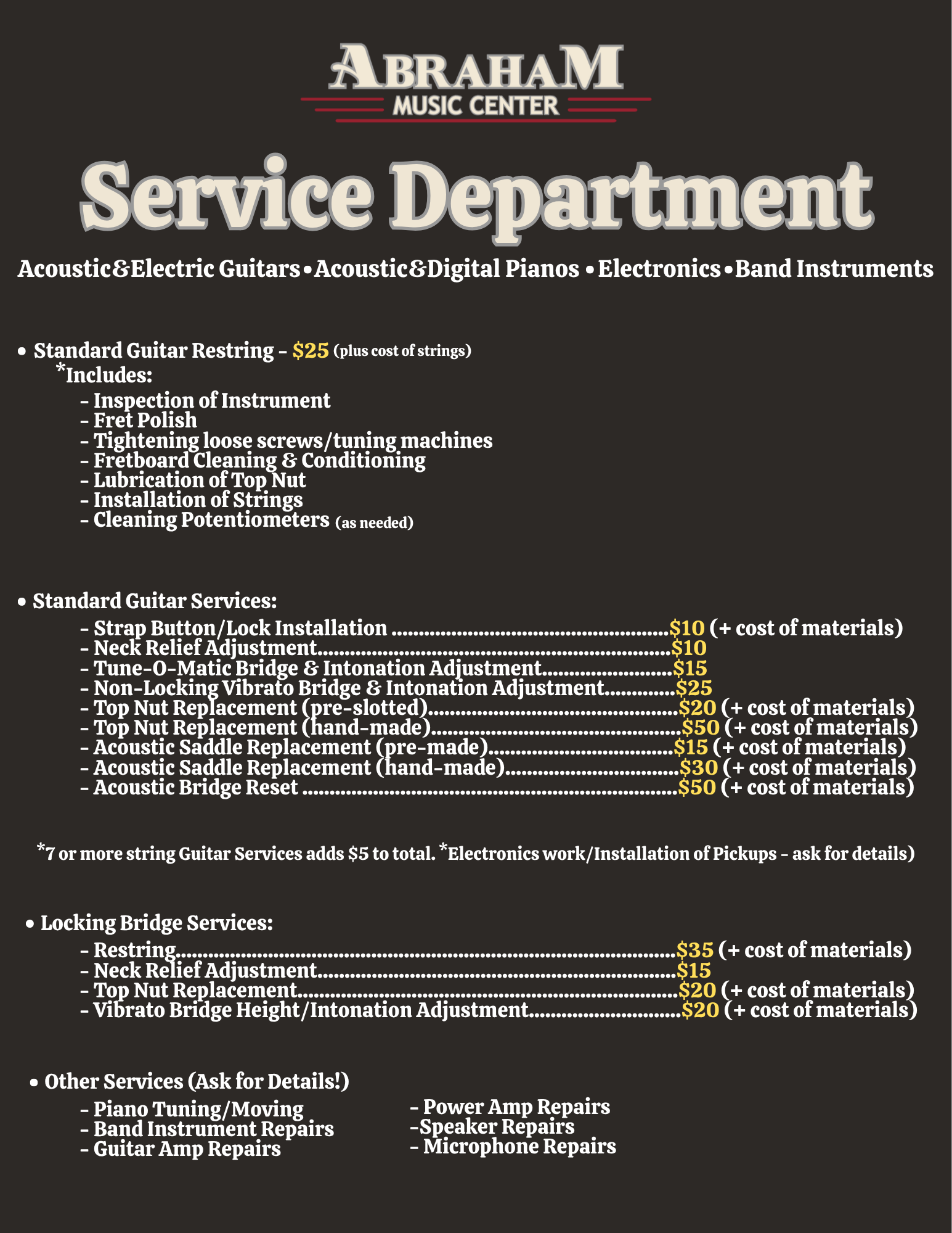 Service Department Menu